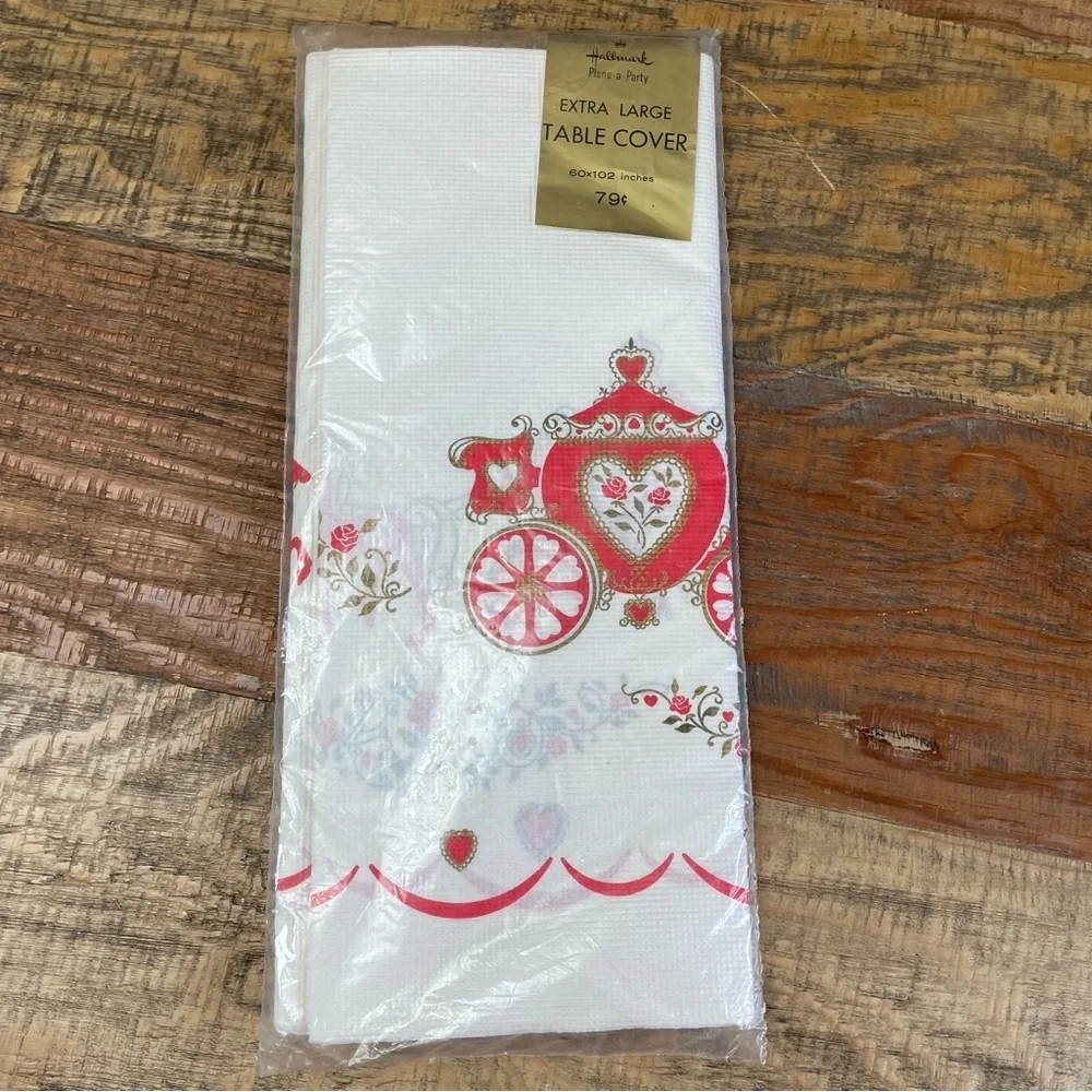 Vintage Hallmark Carriage Horse hearts Paper Tablecloth Table Cover 60 x 102